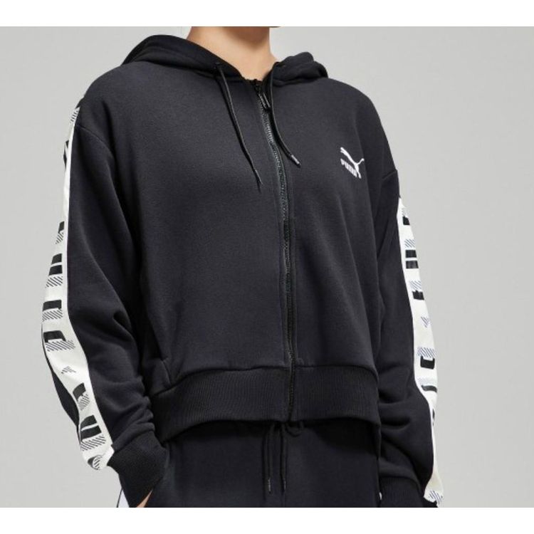 Puma Logo Embroidered Knit Hooded Zip Jacket Women Jackets Black 578594-01