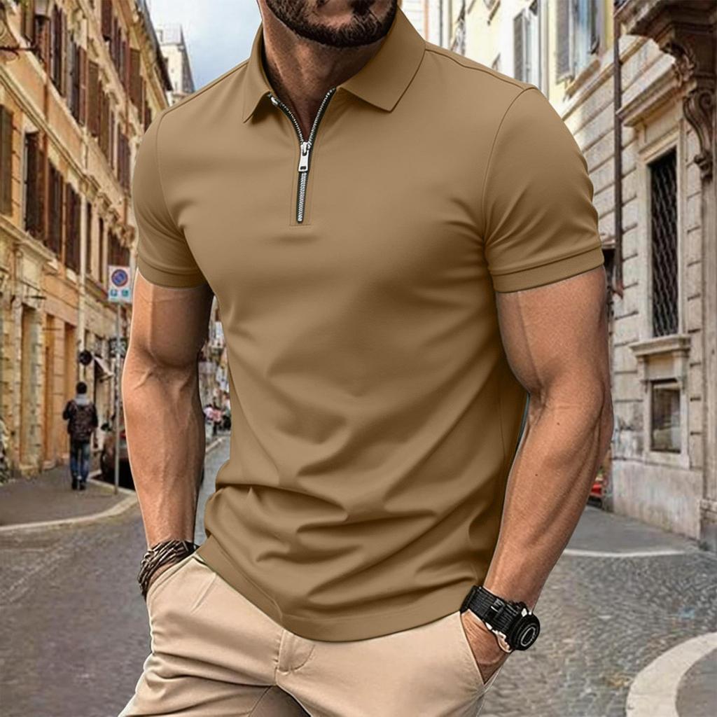 Herren Sommer Kurzarm Poloshirt mit Reißverschluss vorne Lässig Umlegekragen Leicht Atmungsaktives Oberteil