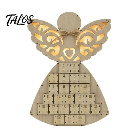 Christmas Light Up Decor Wooden Angel Advent Calendar with 24 Storage Drawers, Countdown for Home to Tabletop Decoration Winter Holiday Party Favors