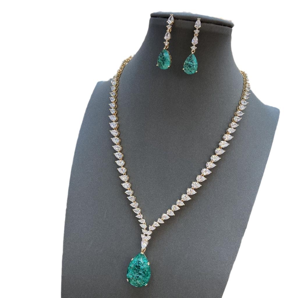 Necklace Female Color Treasure Bride Zircon Necklace Earrings Premium Jewelry Set Emerald Water Drop Pendant Jewelry Batch