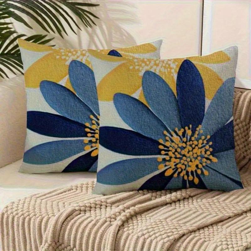 

2PCS Flower Pillow Covers Durable Polyester Blue & Yellow Plant Print Envelope Closure Outdoor Sofas Cushion Covers
