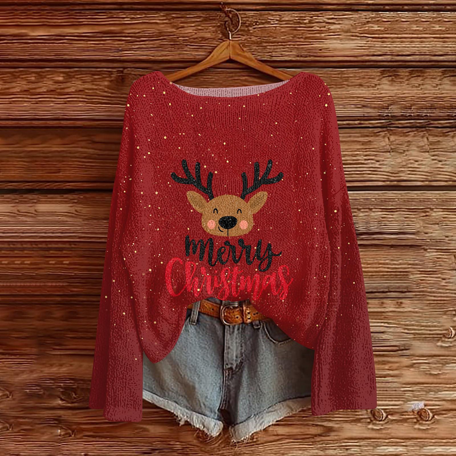 

Women s Fashion Christmas Print Lightweight Sweater Casual Long-Sleeve Knit Pullover Top L чорний