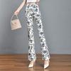 2024 Green Floral Plaid Slim Fit Stretch Flare Women's Summer Pants with Elastic Waist