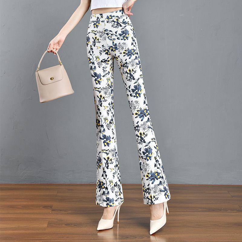 2024 Green Floral Plaid Slim Fit Stretch Flare Women's Summer Pants with Elastic Waist
