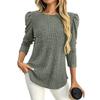 Women Solid Crew Neck Puff Sleeve Long Sleeve Brushed Striped T Shirt Top