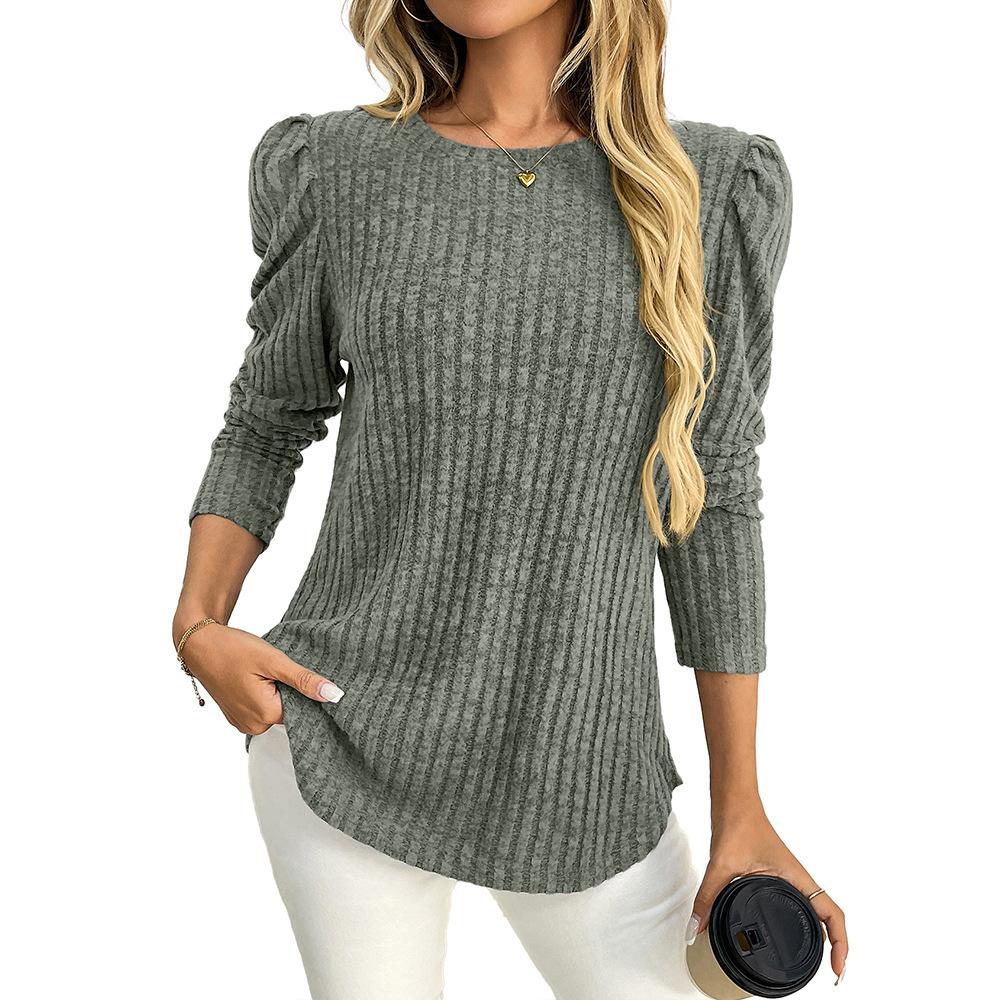 Women Solid Crew Neck Puff Sleeve Long Sleeve Brushed Striped T Shirt Top