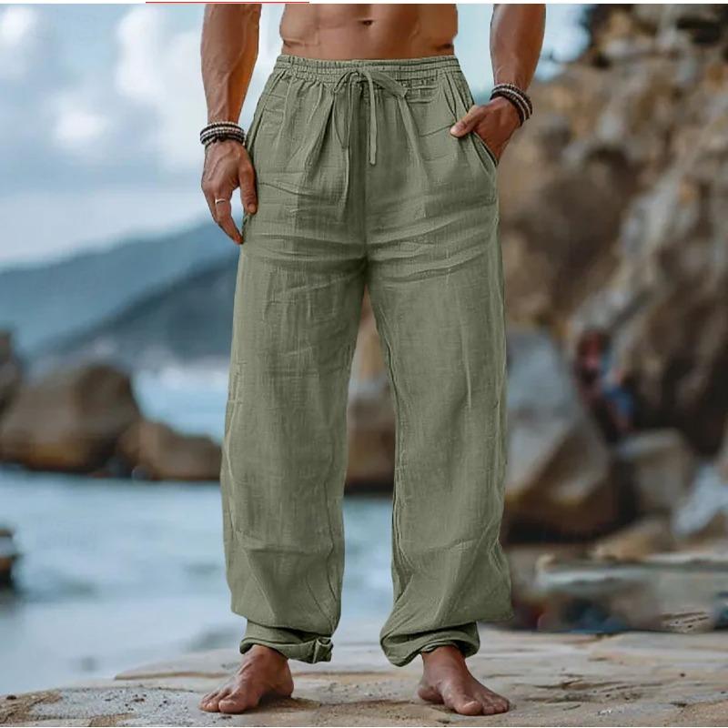 Beach Pants Cross-border Cotton and Linen Casual Trousers Amazon Men's Solid Color Drawstring Elastic Waist Daily Casual Breathability