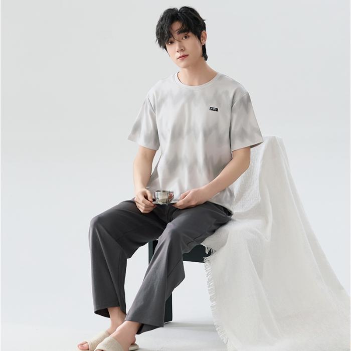 2025 Spring Summer Pure Cotton Solid Leisure Men's Pajamas Set Elastic Waist Boys Sleepwear Short Sleeve Tops and Long Pants Soft Pijama Home Wear