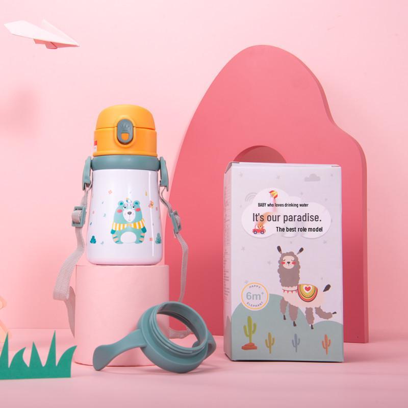 Dětská kreslená nerezová termoska se slámkou, uchem, popruhem a přizpůsobitelná studentská láhev na vodu