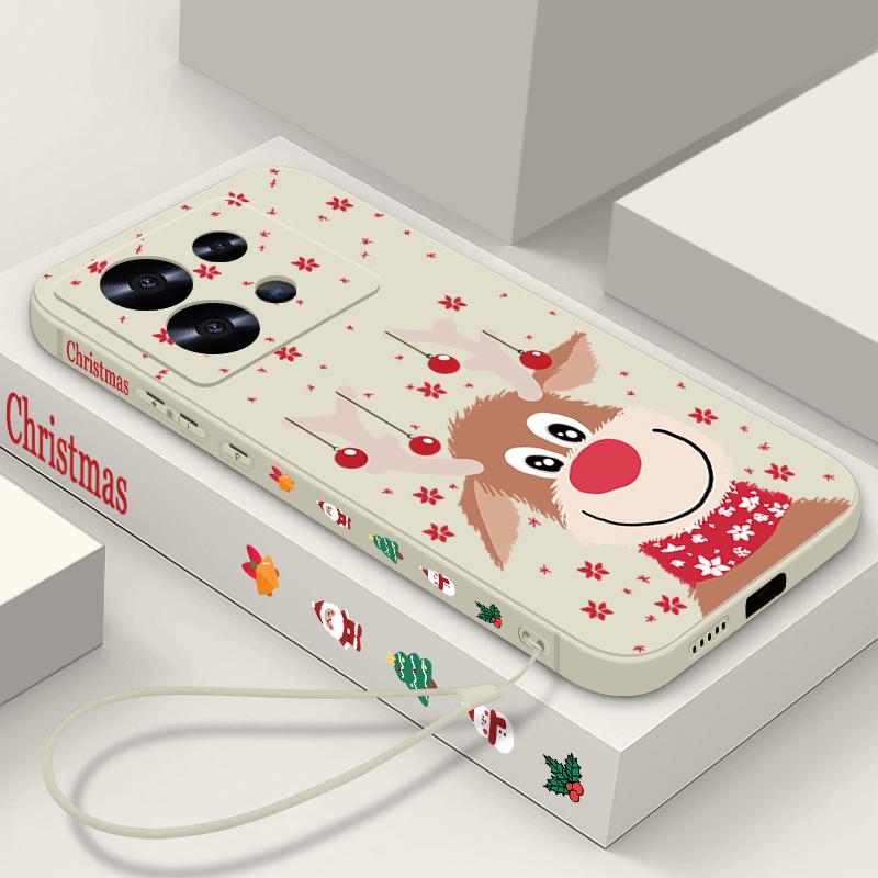 Cute Christmas Elk Printed Lanyard Phone Case For Xiaomi Redmi Note 14 13 12 Pro Note 13 14 Pro Plus 5G 13 13C 4G 11 10 Pro Silicone Cover