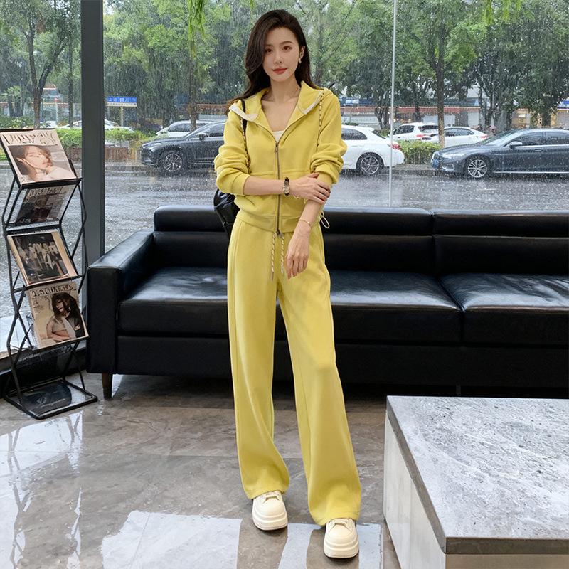 Women's High-End Casual Hooded Cardigan and Wide-Leg Pants Set for Spring/Autumn 2026