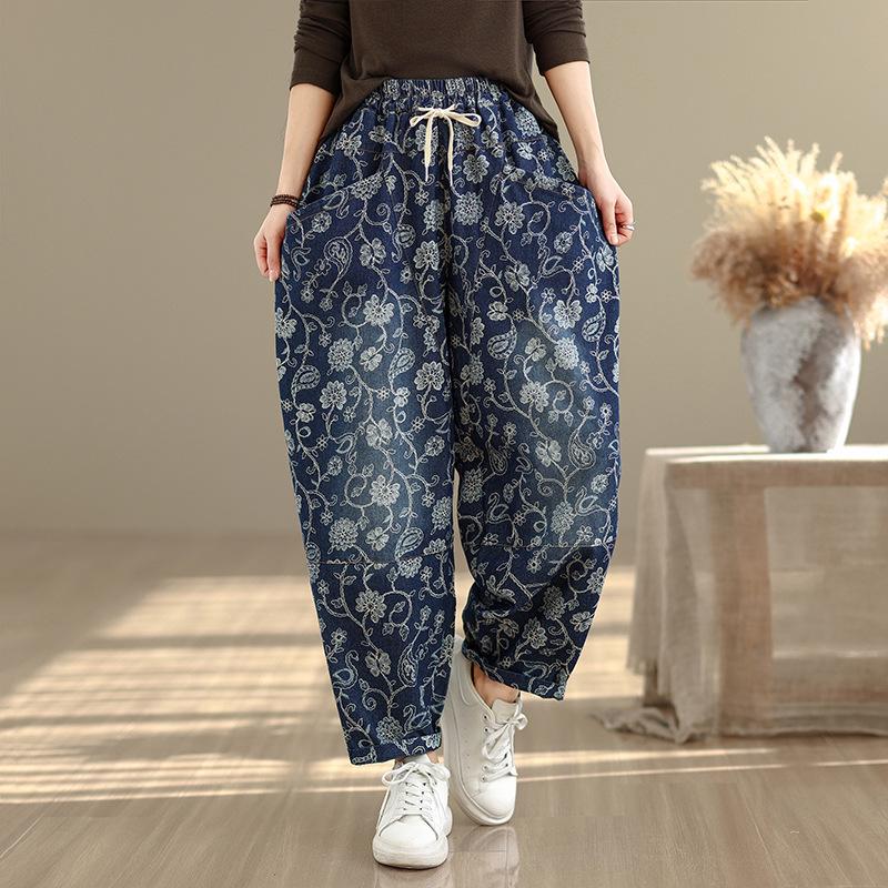2026 Retro Print Plus Size Harem Pants XL
