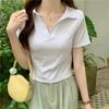 Special Cotton Elastane Polo Short-sleeved T-shirt Women's Summer Slim V-neck Solid Color Short Sweet and Spicy Top