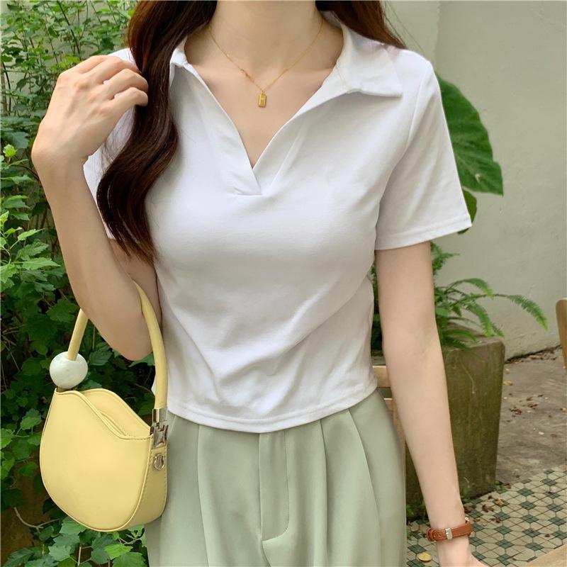 Special Cotton Elastane Polo Short-sleeved T-shirt Women's Summer Slim V-neck Solid Color Short Sweet and Spicy Top