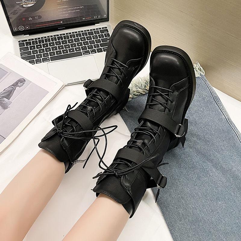 Fashion Spring Autumn Retro Middle Heel Ladies Mid Calf Shoes New Rock Goth Demi-season Comfortable and Elegant Women's Half High Boots