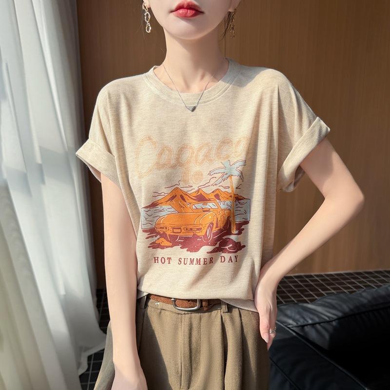 

Spring and Summer New Style Round-neck Knitted Shirt Short-Sleeved Women s Elegant Print Loose-Fitting Base Layer T-Shirt M абрикосовый