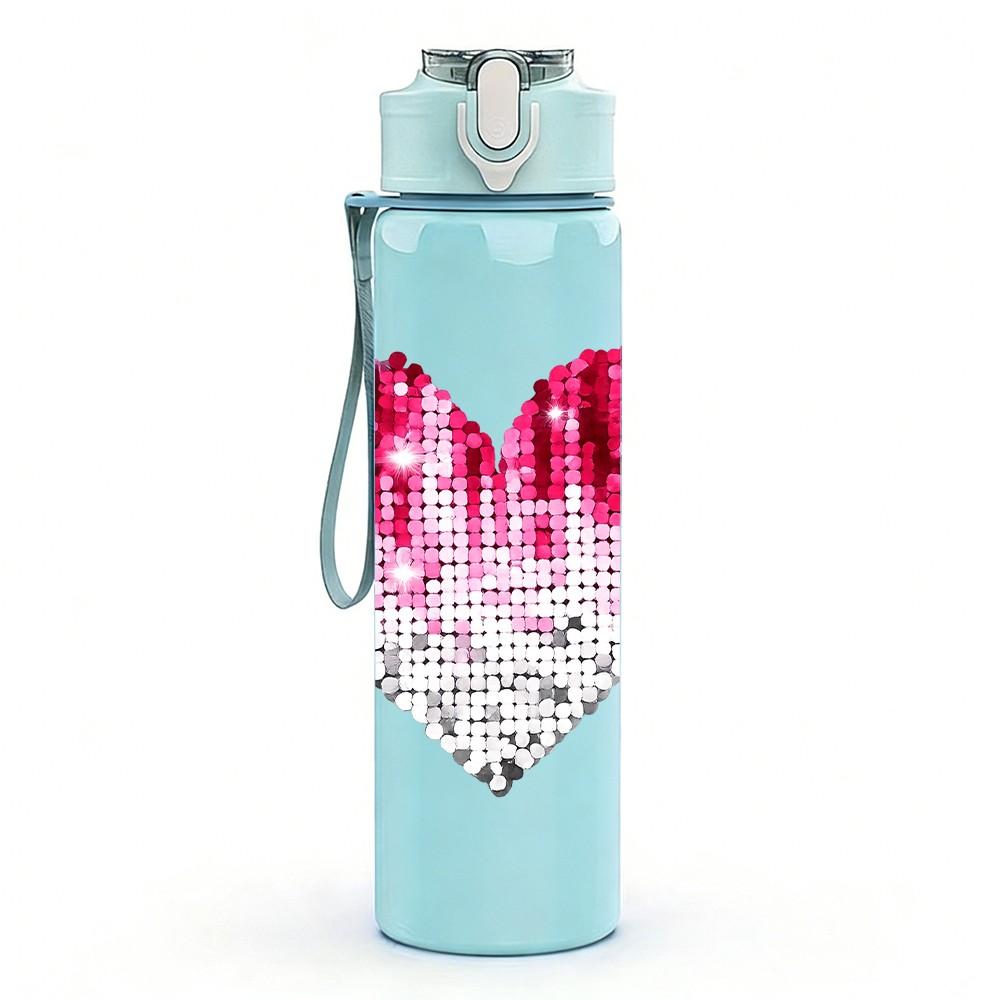 1PC Cracked Pink Red Heart Art Print 750ml Color Plastic Sports Water Bottle Leakproof Flip Straw Lid Suitable for Sports Office Home Use