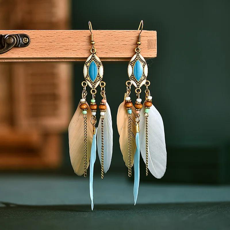 Bohemian Ethnic Feather Earrings For Women Long Tassel Beads Handmade Drop Dangle Earrings Girl Fashion Wedding Jewelry Gift