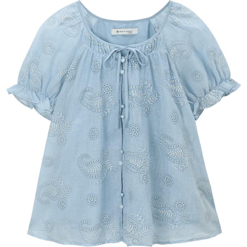 Women s French Embroidered Floral Short Sleeve Shirt S