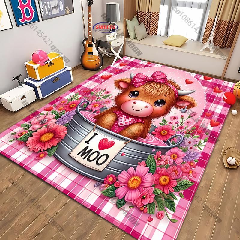 Pink Farmhouse Cow Rug with Floral and Heart Accents carpet for home sofa bedroom, gift