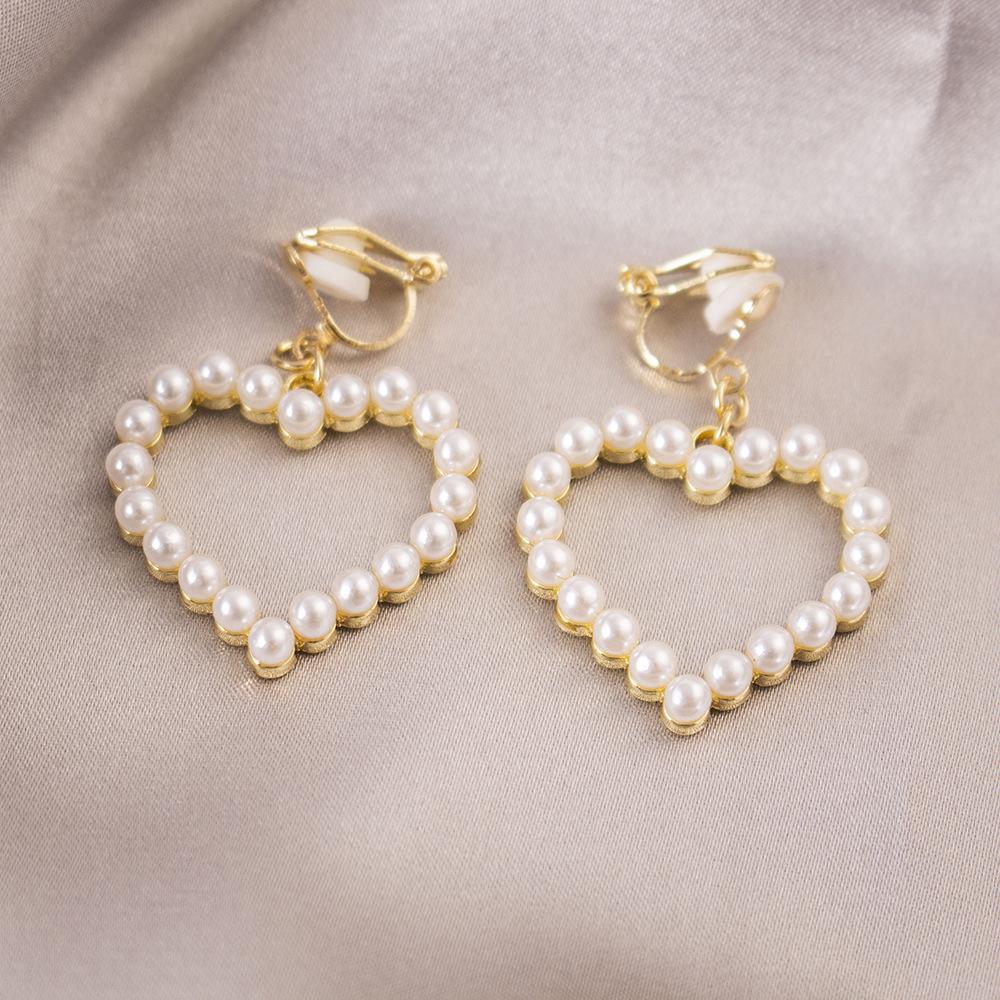 Elegant Pearl Heart and Triangle Ear Clips - No Piercing Needed, Trendy and Versatile Earrings for Women