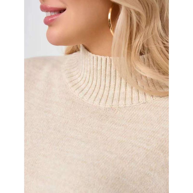 Autumn Winter High Collar Solid Simple All-match Sweater Ladies Flare Sleeve Fashion All-match Knitting Pullover Top