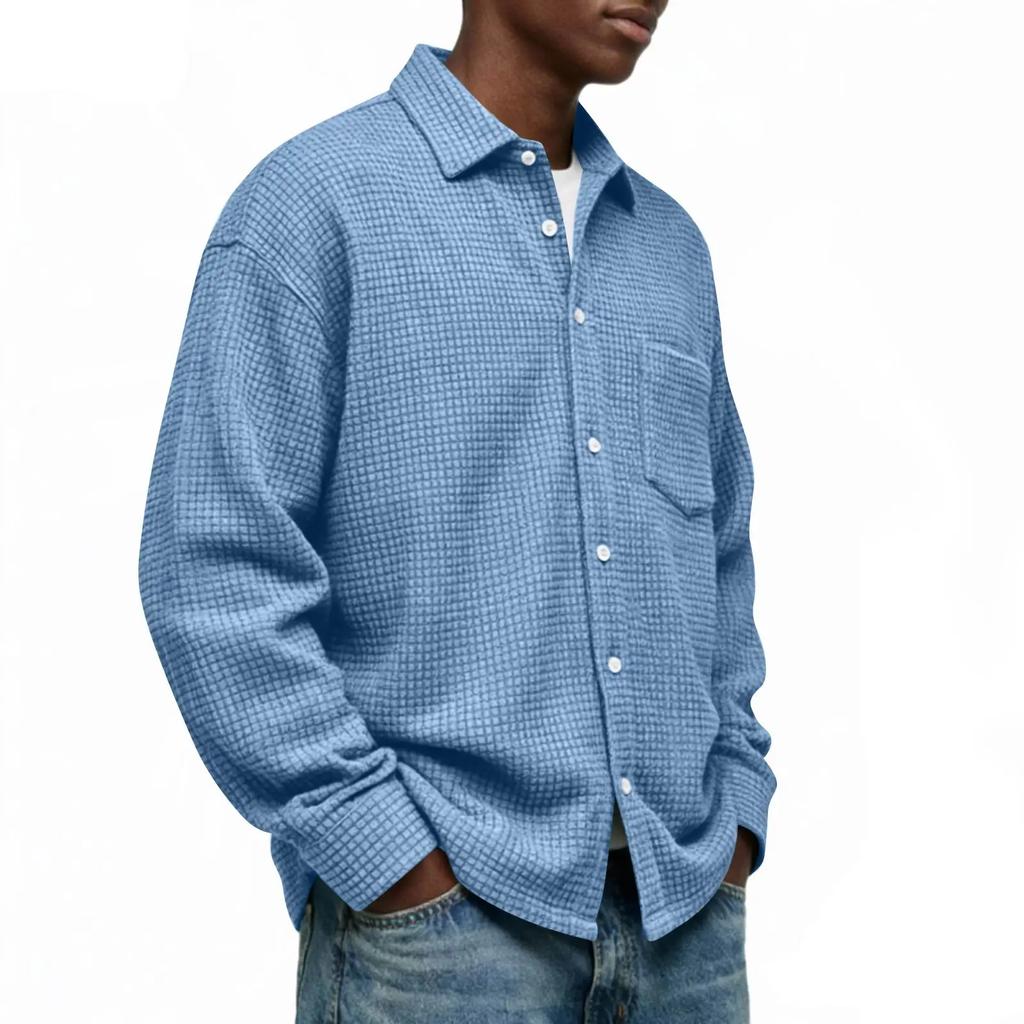 Single Breasted Vintage Long Sleeve Shirt Men Loose Solid Color Spring Autumn Men's Casual Pocket Shirt