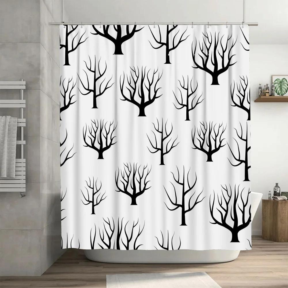 Artistic Bathroom Decor: Black Tree Pattern Shower Curtain Set for Bathtub or Kitchen with Metal Rods Modern Home Accessories In
