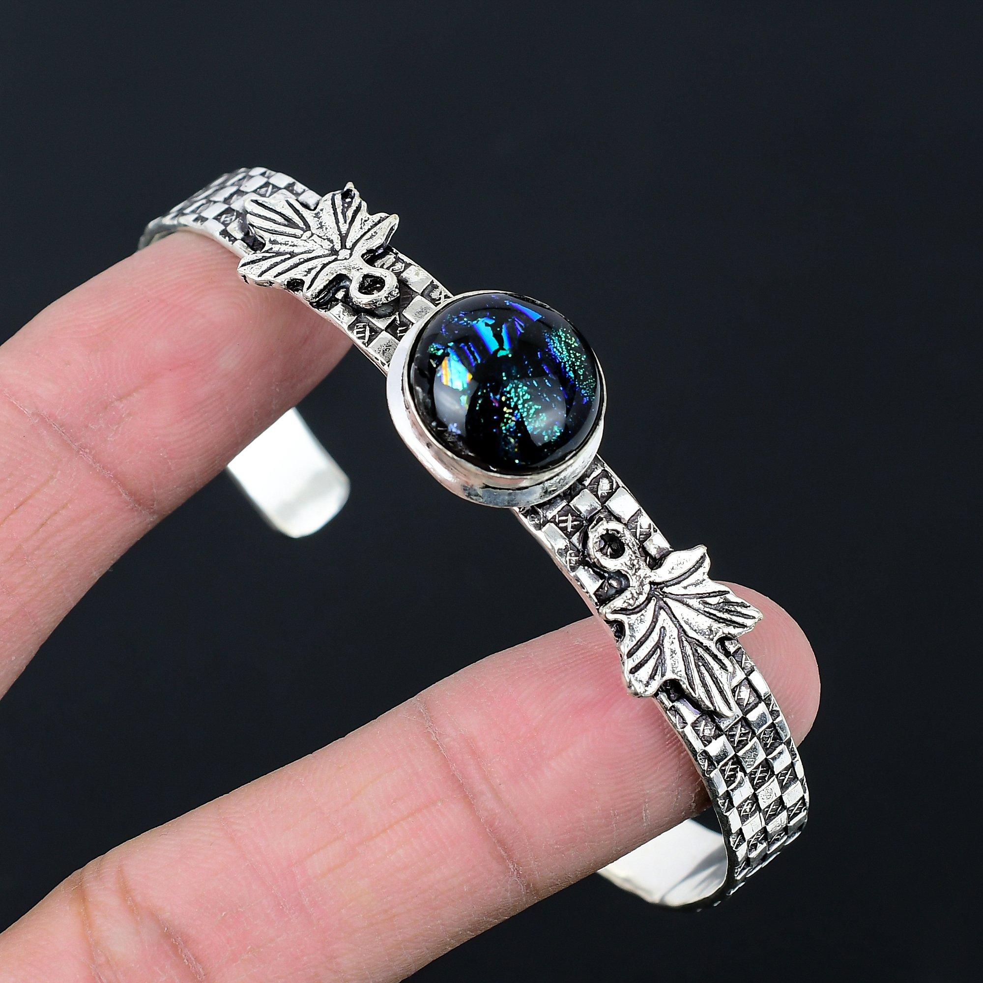 

Sisters Day Sale American Dichroic Glass Gemstone Sterling Silver Leaf Bangle Adjustable