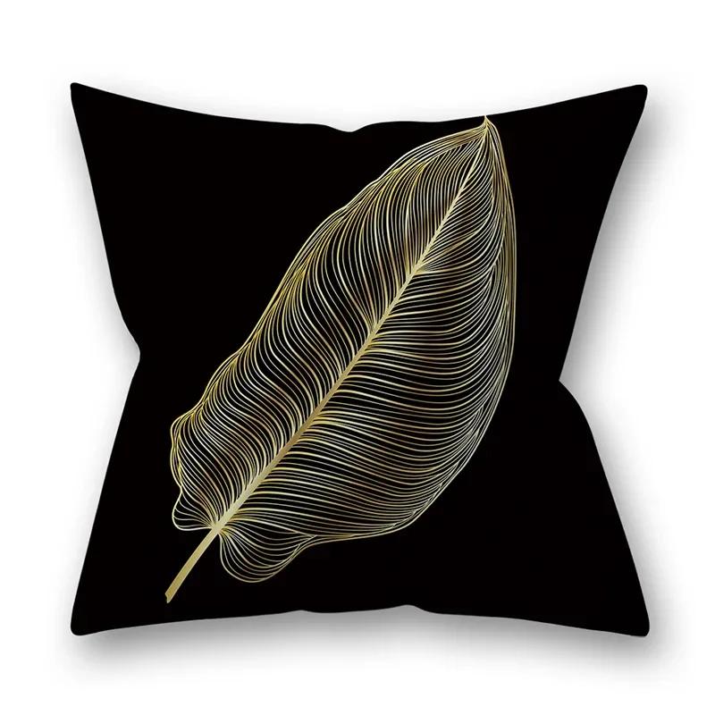 45x45cm Golden Feather Black Pillowcase Custom Leaves Plants Cushion Cover Sofa Living Room Home Decor Square Pillowslip