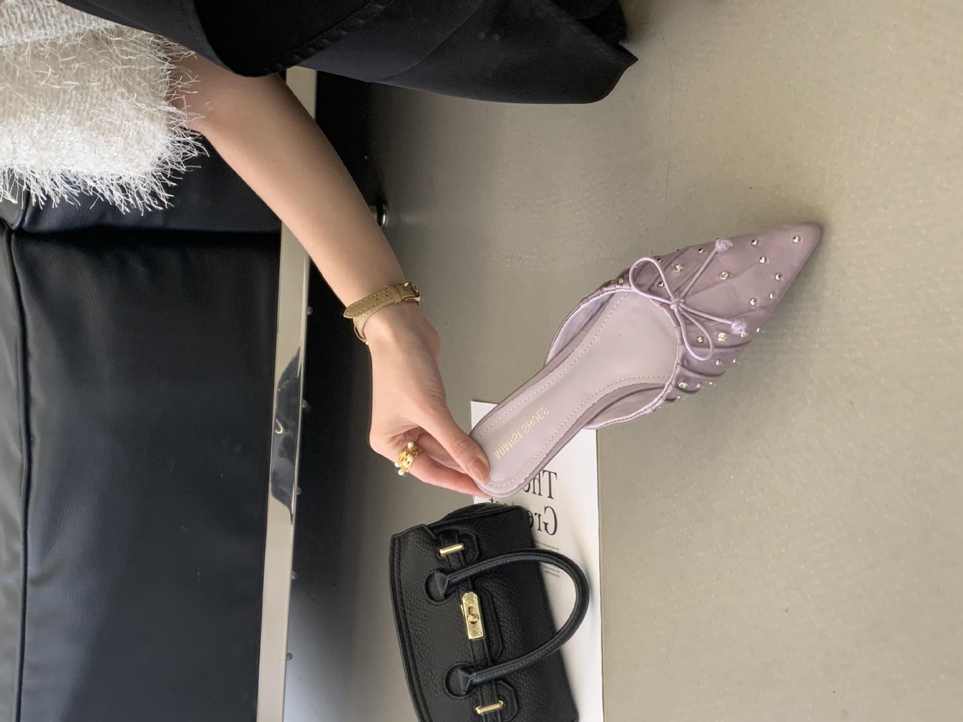 Women s Suede Pointed Toe Thin Heel Bowknot Rhinestone Spring Closed Toe Mules - Fashionable Footwear 35
