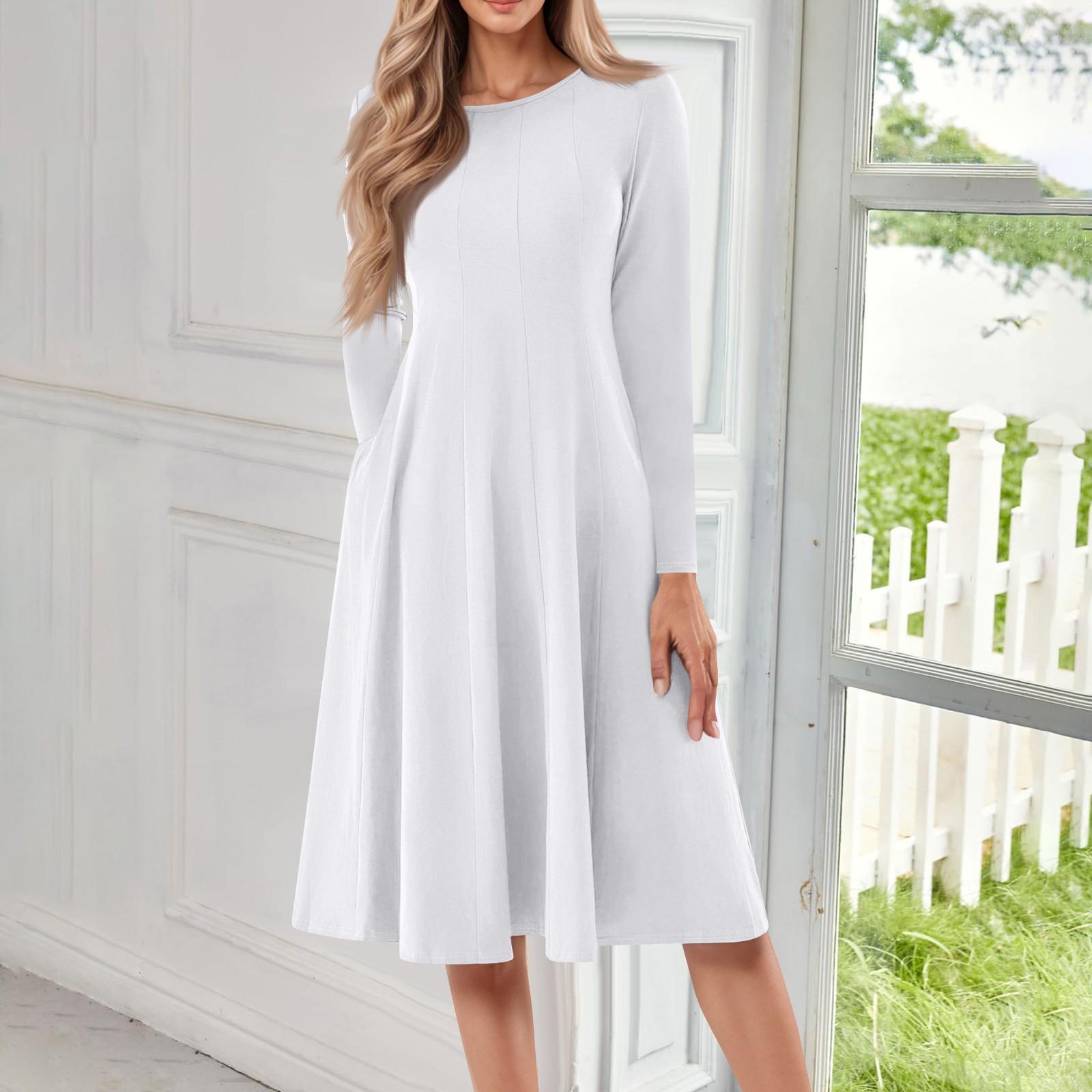 

Жіноча повсякденна модна суцільна сукня міді з круглим вирізом і довгими рукавами XXL білий