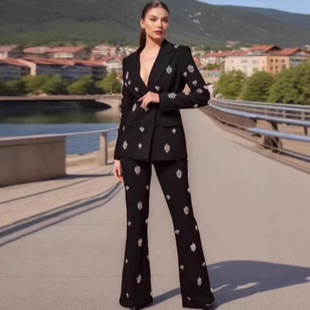 2025 European & American Fashion Beaded Rhinestone Suit Jacket & Wide-Leg Pants Set