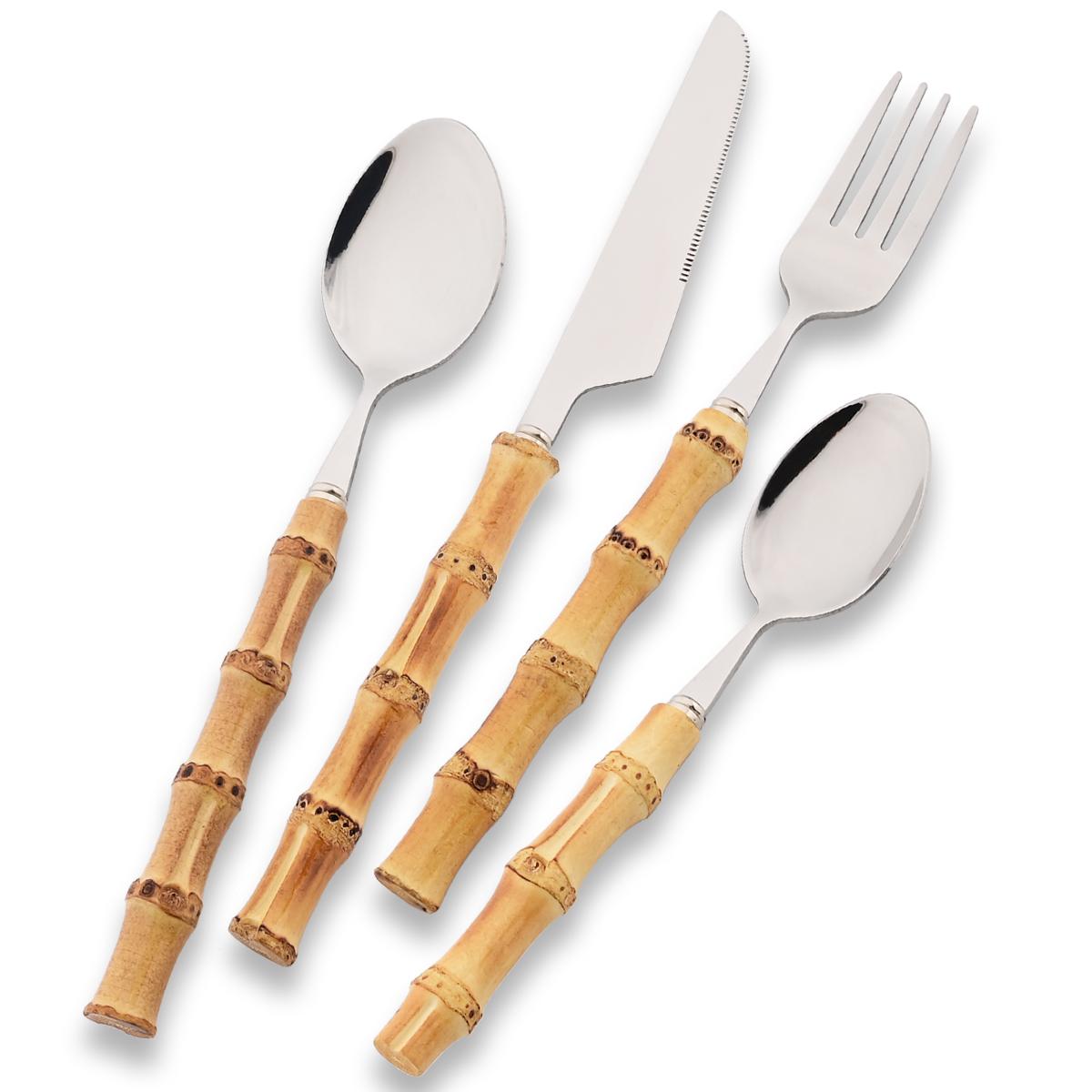 

Набор столовых приборов из 4 предметов с черной бамбуковой ручкой, нож, ложка, вилка для торта, набор столовых приборов, столовое серебро из нержавеющей стали в западном стиле, кухонная утварь