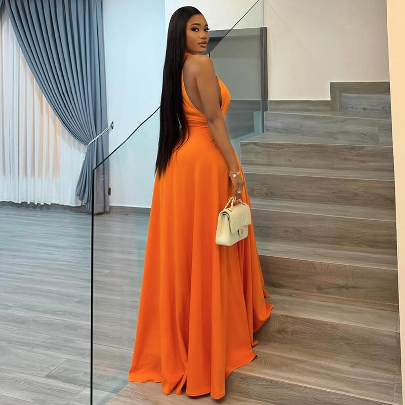 Orange Halter Neck Maxi Dress with Side Pleats