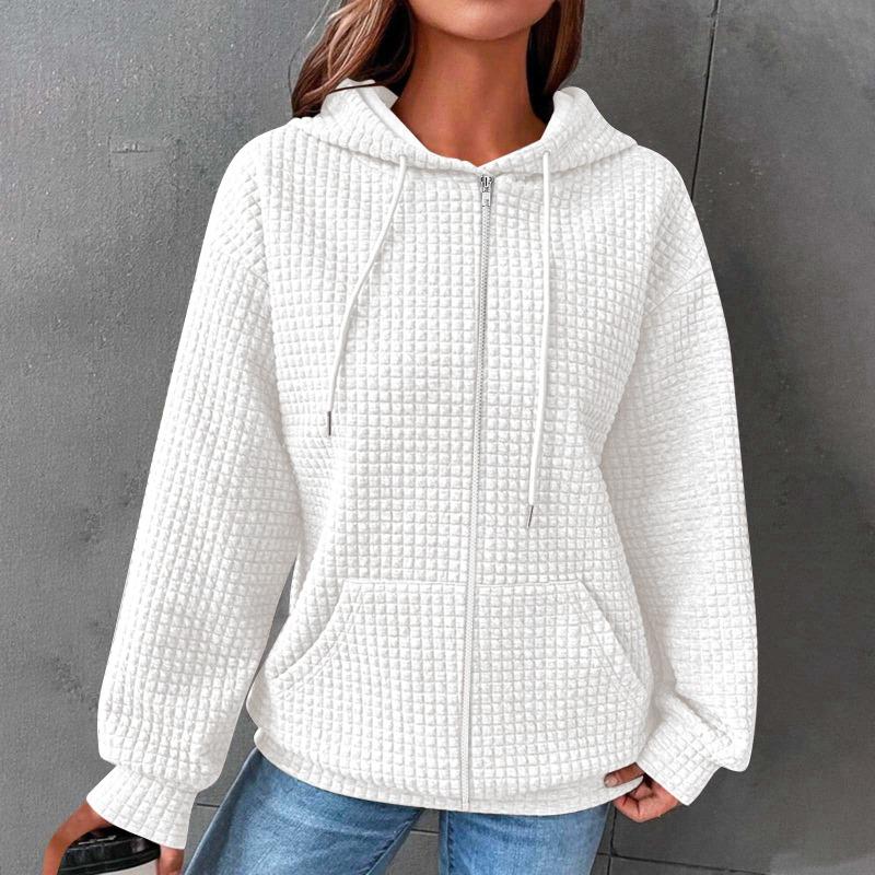Women S Solid Color Waffle Knit Zip Up Hooded Jacket