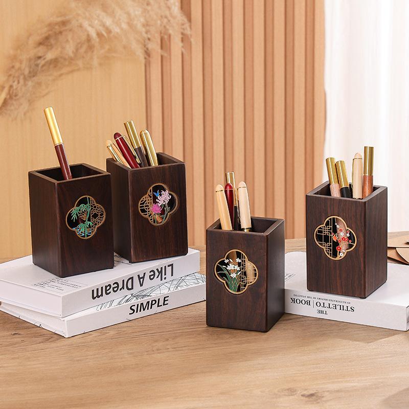 1pcs Multifunctional Ebony Wood Pen Holder Chinese Style Engraved Desktop Organizer Retro Wooden Desk Decor Business Gift Box