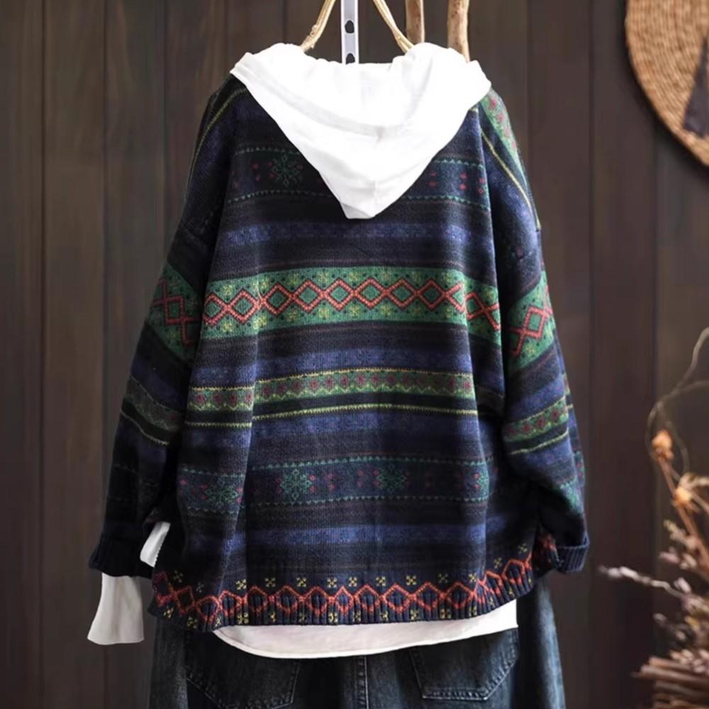 Johnature Women Vintage Sweaters Striped Print Floral Spring Chinese Style V-Neck Long Sleeve Knitted Sweaters