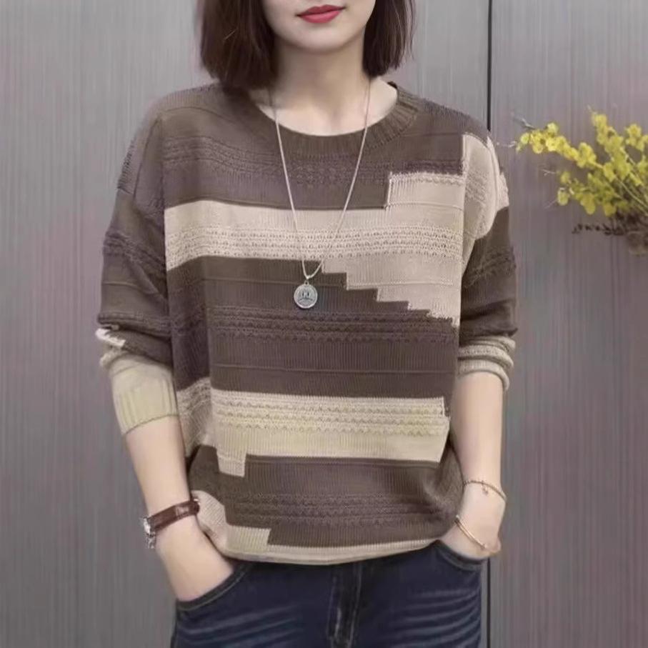 Retro Round Neck Color Matching Knitted Sweater Women's Spring and Autumn Live Broadcast Popular Fashion Casual Versatile Foreign Style Long-sleeved