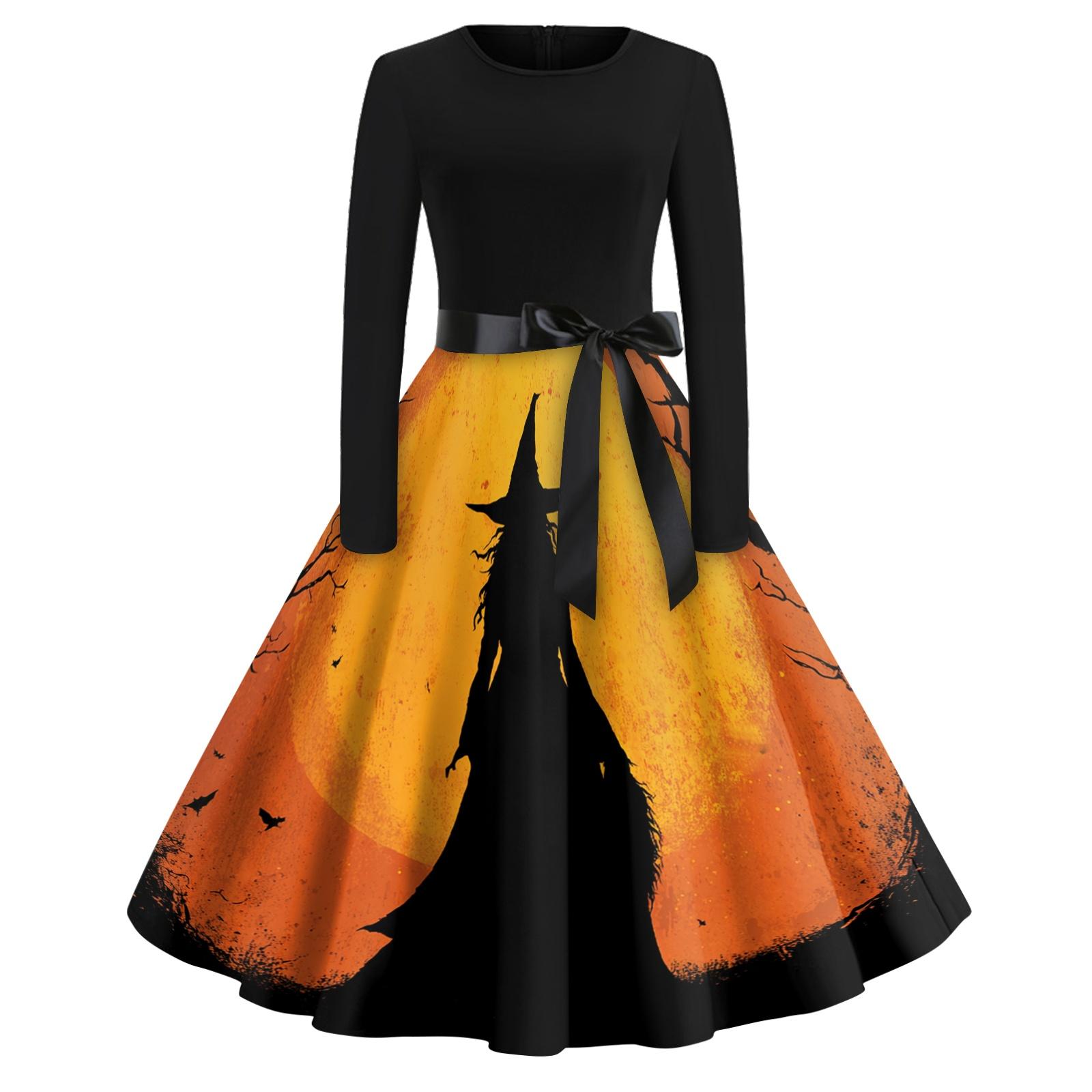 Women s Vintage Casual Round Neck Dress with Happy Halloween Print S