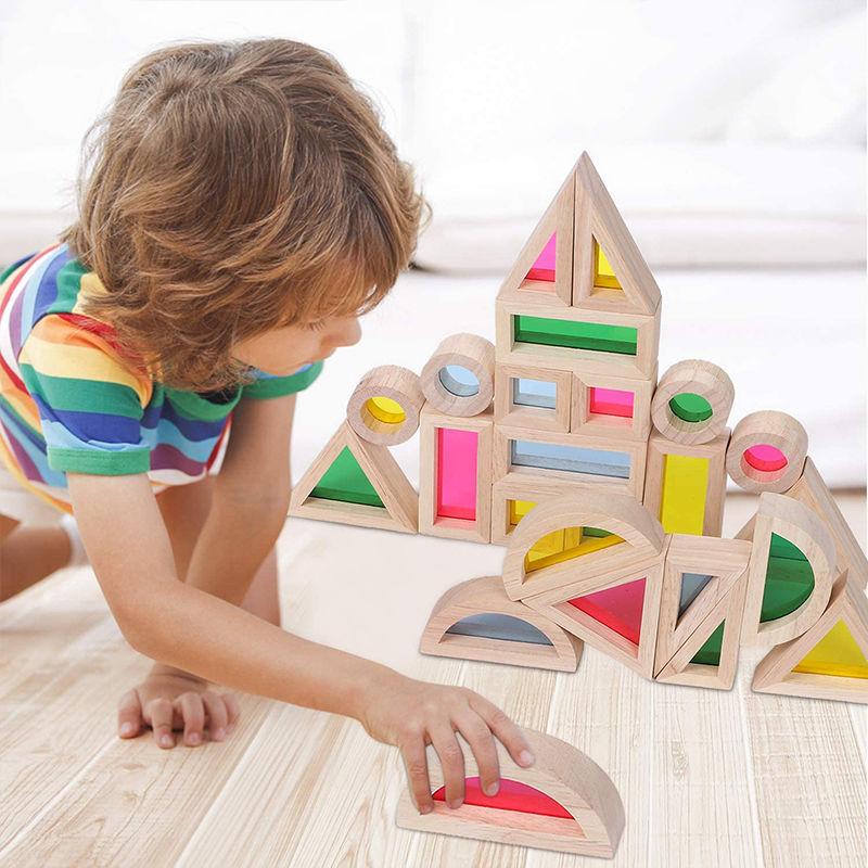Montessori Transparent Shape Blocks Wooden Toys Rainbow Acrylic Color Cognitive Sensory Building Game Educational Toys for Kids