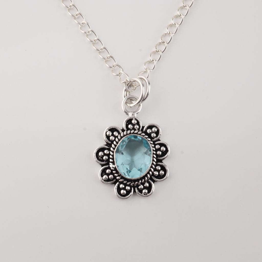 Sky Blue Topaz Gemstone 925Sterling Silver Jewelry Designer Pendant 1.37" For Mother's Day Gift CP-40-7