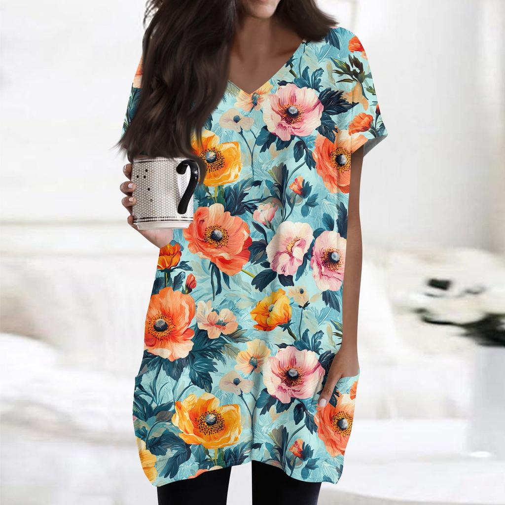Women's Retro Flower And Leaf Print V-Neck Midi Pocket Short Sleeve Top