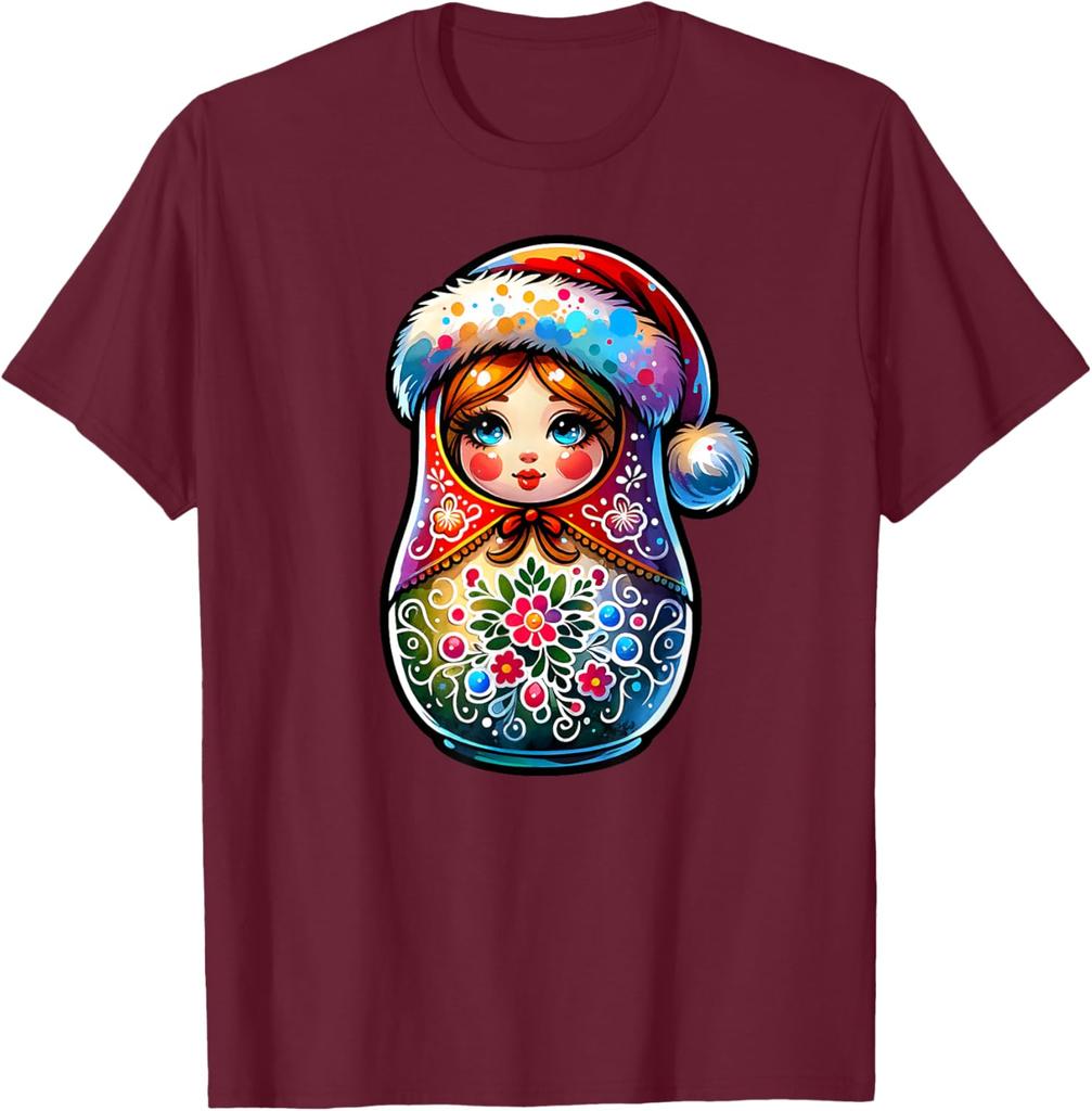 Christmas Matryoshka Doll Graphic Tee Breathable Short Sleeve Casual Round Neck T-Shirt