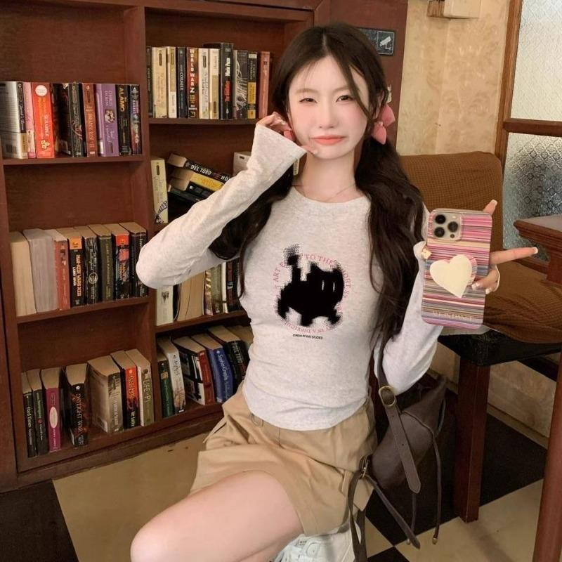 2KWEIRD New Fashion Kawaii Cat Print Grunge T-shirts Autumn Sweet Flower Grey Crop Top Women Y2k Aesthetic Al Match Harajuku Tees