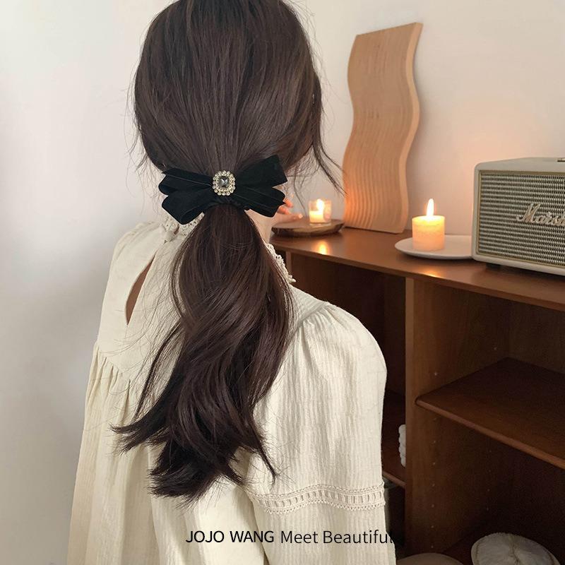 Retro Rhinestone Velvet Bow Hair Tie with A High-end Look, High Hair Band and Ponytail Headwear