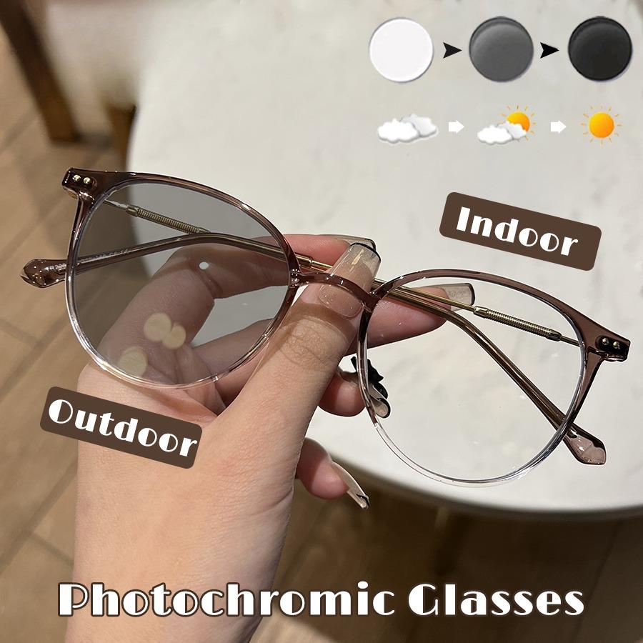 Pochromic Outdoor Fashion Glasses  Unisex Stylish Round Frame with Metal Hinges Transition Lenses for Indoor & Outdoor Use