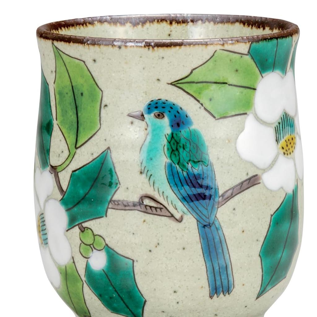 Kutani Ware Iwataya White Camellia and Bird Teacup, K8-615