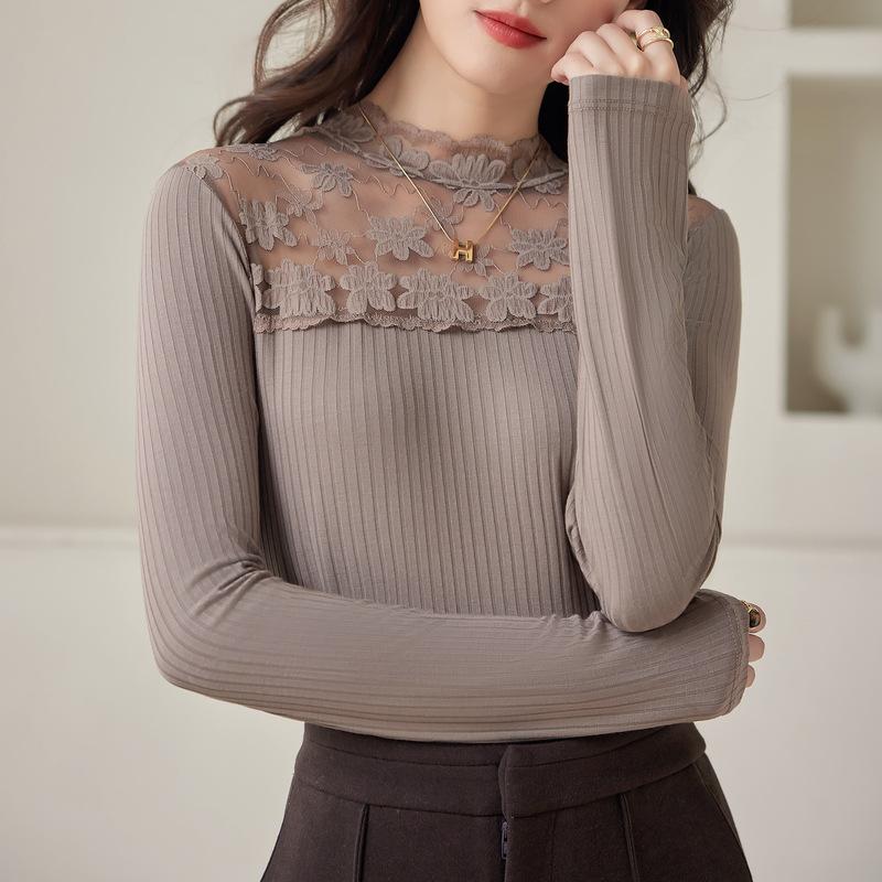 Black Bottoming Shirt Women's New High-end Splicing Top, Semi-turtleneck T-shirt In Autumn and Winter