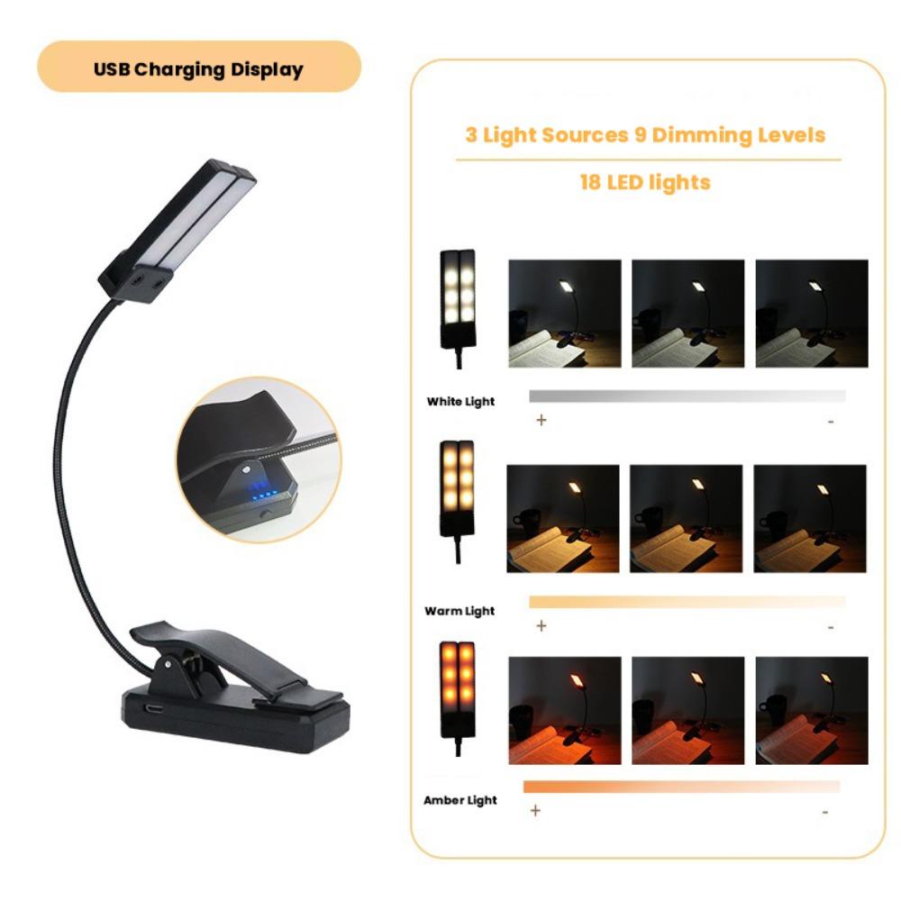 Durable Black LED Clip Light USB Rechargeable With 18 Lights Music Stand Light Portable Music Sheet Lamp Bedroom